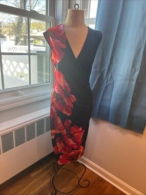 Vintage Black Cache Dress with Red Floral Print